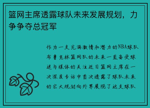 篮网主席透露球队未来发展规划，力争争夺总冠军